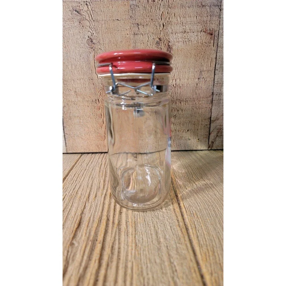 Canning Canister Oval Glass Jar Red Flip Top Wire Clasp Vintage 6.5 Inches Tall